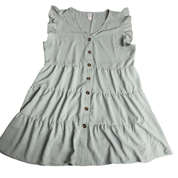 Sleeveless Light Green Tiered Button-Down Dress XL Ruffled Shoulders Polyester - Picture 1 of 4